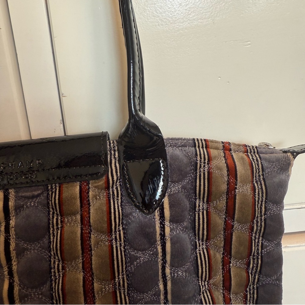 Longchamp Quilted Stripe Tote in Brown and Black Patent Trim - Picture 3 of 7